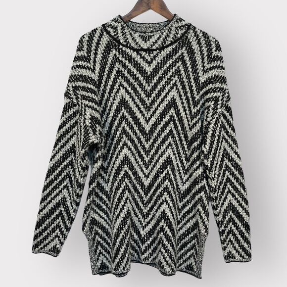 Chelsea & Theodore Pullover Sweater Women Size‎ XL Black Gray Chevron Wool Thick - Picture 1 of 11